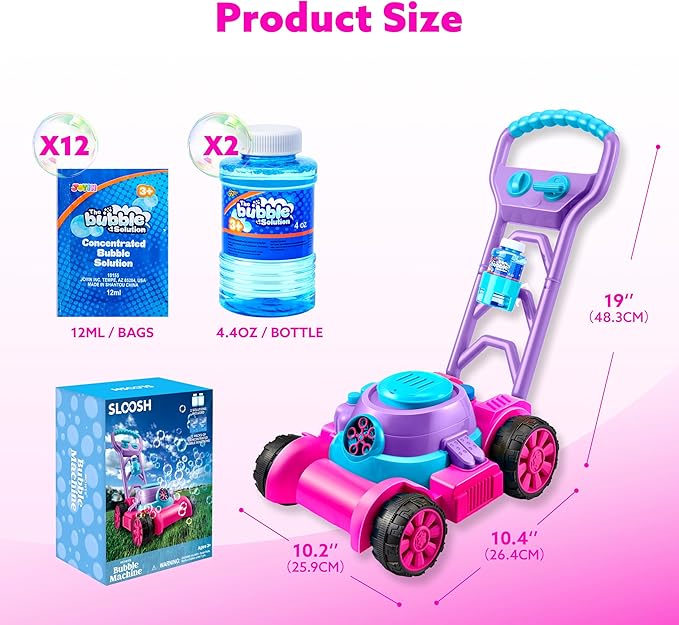 SLOOSH Bubble Lawn Mower Toddler Toys - Spill-Proof Bubble Machine Pretend Gardening Toy for Age 1 2 3 1-3 Year Old Toddler Indoor Outdoor Use, Baby Girl Push Toys New Year Birthday Gift (Pink)