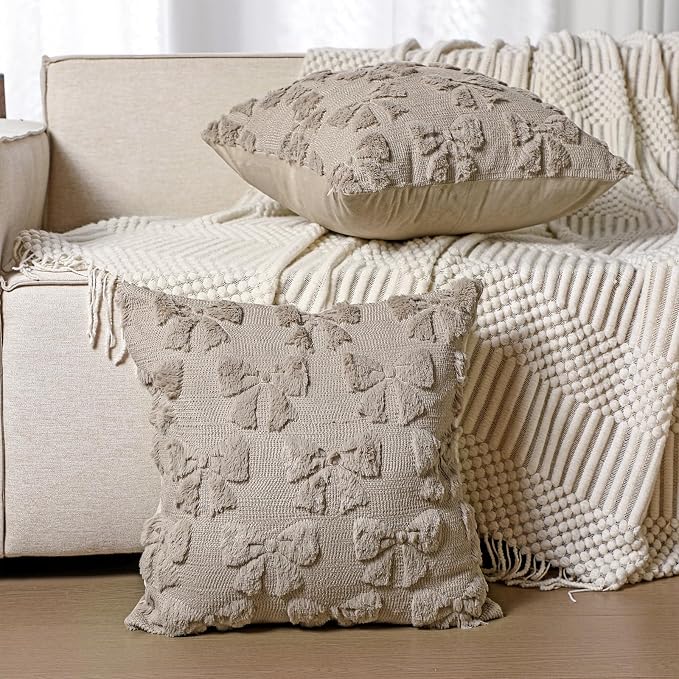 Mixweer Brown Bow Pillow Covers Set of 2 Preppy Room Decor Coquette Cute Spring Summer Decorative Faux Fur Soft Bowknot Stuff Fluffy Plush Aesthetic Pillowcase for Bed Sofa Couch (18 x 18 Inch)