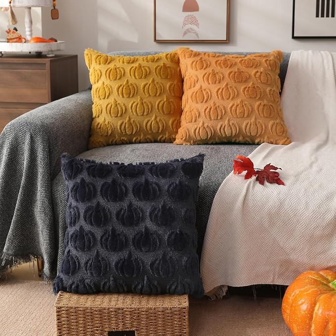 DFXSZ Fall Pillow Covers 16x16 2Pcs Light Orange Pumpkin Fall Decorations | Fall decor Set of 2 Throw Pillow Cases Soft Plush Faux Fur Wool Couch Cushion for Chair Sofa Bedroom Living Room Home Decor