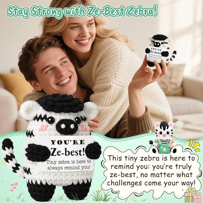 Mini Inspirational Gifts for Women Men, Christmas Thanksgiving Birthday Gifts for Daughter Son Handmade Zebra Positive Crochet Animals for Couples Friends Coworkers Bosses Christmas Stocking Stuffer