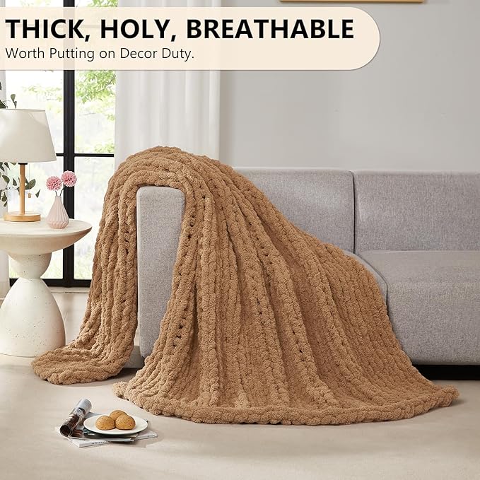 L'AGRATY Chunky Knit Throw Blanket for Couch, 72'' x 84'' Knit Throw, Tan | Handmade Chenille Crochet Blanket for Sofa Bed, Thick Cable Knitted Blankets for Room Home Decor, Birthday Gift for Women Mom