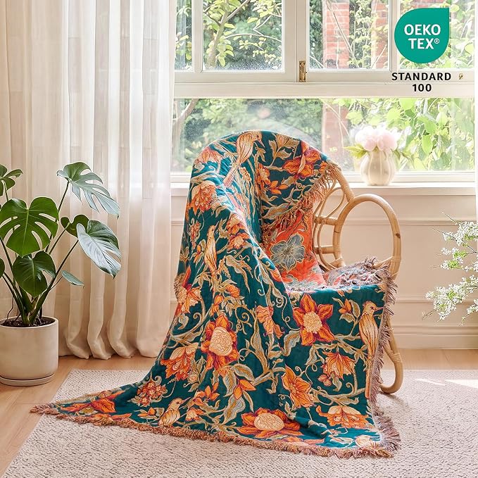 MSGKV Boho Throw Blanket 50"x60" Cotton Bird Floral Blanket for Couch | Muslin Throw, Bird Floral Pattern, Reversible Woven, Lightweight Comfort, Farmhouse Decor, All Seasons, Machine Washable