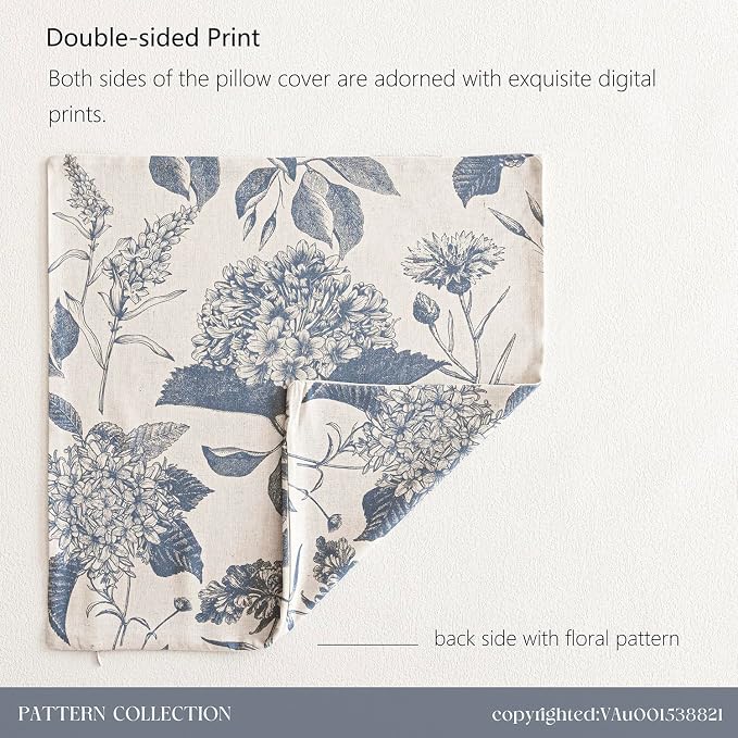 Foindtower Set of 2 Linen Floral Vintage Throw Pillow Covers Neutral Accent Print Decorative Cushion Covers Farmhouse Boho Home Decor for Sofa Chair Couch Bedroom Living Room,22×22 Inch,Blue