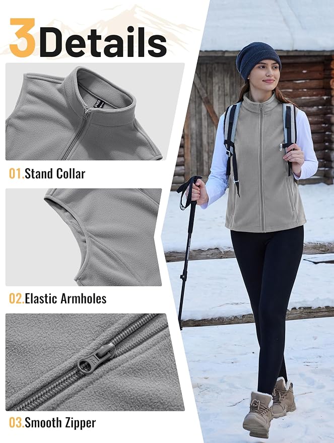 TACVASEN Women's Fleece Vest Lightweight Sleeveless Zip Jacket Outerwear | Soft Polar,Zipper Pockets,Stand Collar,Fall Winter Warm,Outdoor,Athletic,Running,Hiking,Travelling,Golf,Work