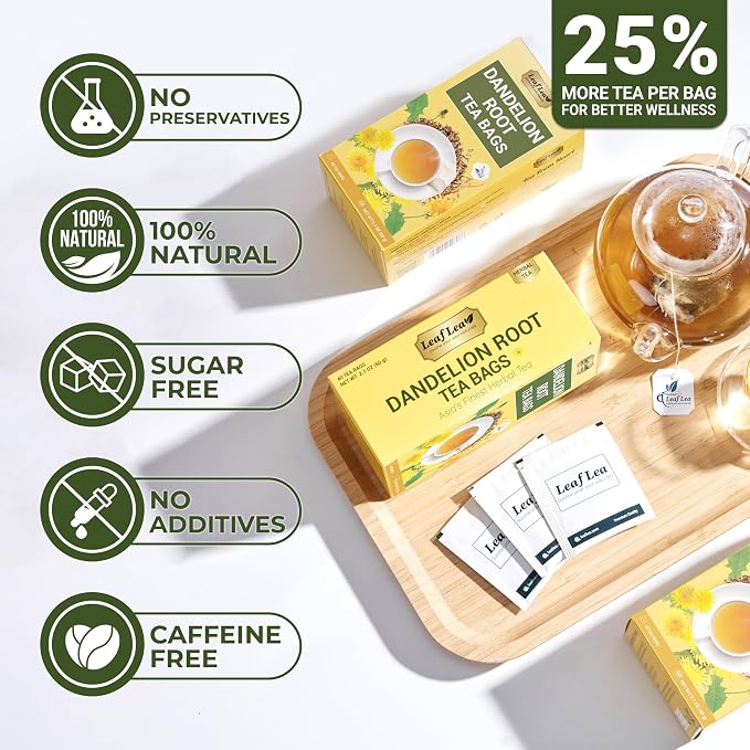 LeafLea Dandelion Root Tea Bags, Natural And Pure, 120 Count | Dandelion Root Herbal Tea, Promotes Healthy Digestion And Immune Function, Caffeine-Free, Sugar-Free, Vegan, Pack Of 3