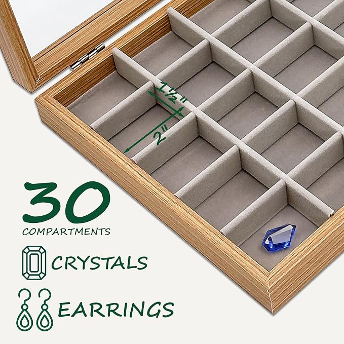 Wooden Travel Jewelry Box w. Tempered Glass Display Lid - Earrings Storage - 30-Compartments Velvet Organizer (Natural Oak) by The Display Guys