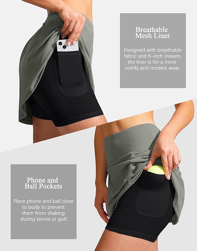 19" Ruffled Golf Skirts for Women | 3 Zipper Pockets, Knee Length, High Waisted, Long Skorts for Athletic, Casual, Tennis, Pickleball