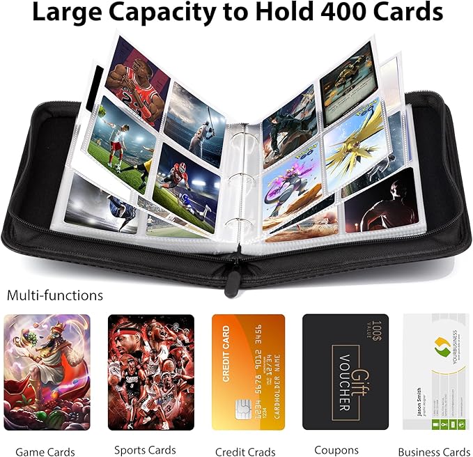 WOT I Trading Card Binder, 400 Pockets Card Binder Sleeves with Zipper, Double Sided Pockets Card Holder Carry Card Case for Baseball Card, Football Card