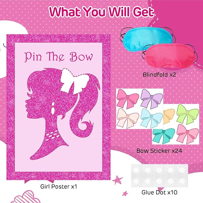 Pink Girl Party Supplies Decorations, Cute Girl Princess Pin The Bow on The Head Party Game, Large Poster with 24Pcs Bow Stickers Favors for Kids’ Birthday Party