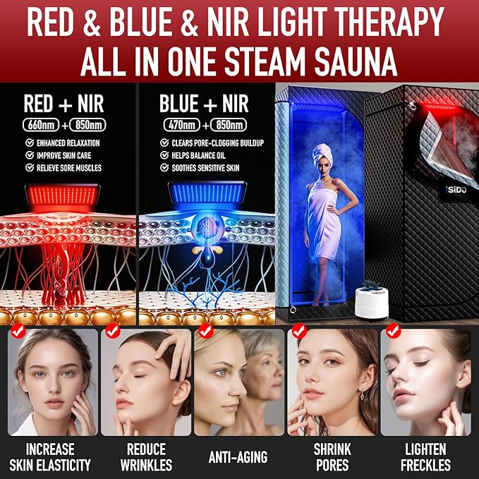 Infrared Steam Sauna with 660nm Red & Blue Light Therapy & 850nm Infrared Light Panel, 3L 1300W Steamer, Folding Chair, XXL Portable Sauna Personal Sauna Box Sauna Tent Home Sauna