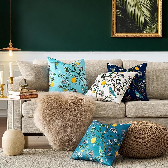 MUSSEL Sky Blue Velvet Floral Decorative 16x16 Pillow Covers Set of 2 | Soft Durable and Sturdy,Bird Plant,Throw Pillows Case,Square,Colorful Modern Cushion Covers,Home Sofa Bed Couch Decor