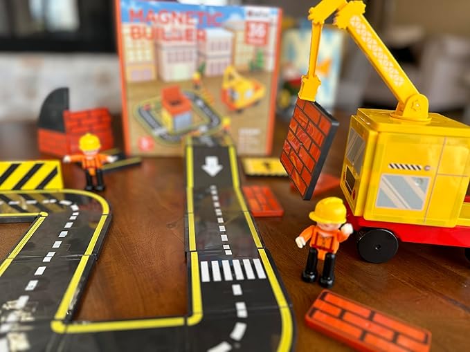 Magnetic Road & Construction Set with Crane – 36-Piece STEM Building Tiles for Kids Ages 3-7, Montessori Learning Toy with Workers & Car