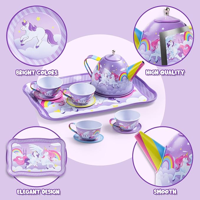 JOYIN Unicorn Tea Party Set for Little Girls, Pretend Purple Tin Teapot Set, Princess Tea Time Play Kitchen Toy with Teapot, Cup, Plate, Carrying Case for Kids Toddler Age 3+, Birthday Gifts