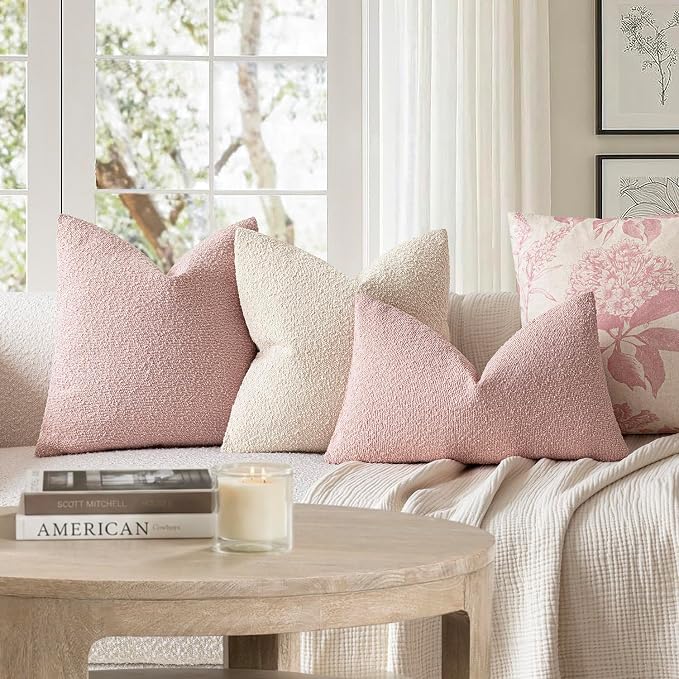 Foindtower Pack of 2 Textured Boucle Throw Pillow Covers Accent Solid Pillow Cases Cozy Soft Decorative Couch Cushion Case for Chair Sofa Bedroom Living Room Home Decor 20x20 Inch Sakura Pink