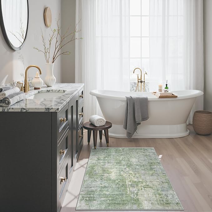 Soalmost 2x3 Abstract Washable Rugs for Kitchen, Small Area Rug Green/Ivory | Non-Slip Vintage Low Pile Throw Door Mat For Bathroom Entryway Laundry Room, Stain Resistant Indoor Entrance Floor Carpet