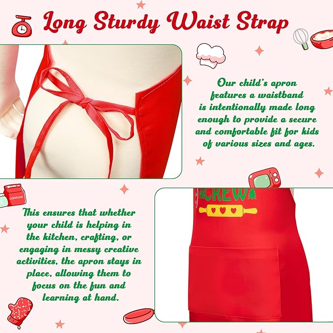 R HORSE 2Pcs Christmas Kid Apron and Chef Hat Set, Xmas Red Adjustable Children Red Kitchen Apron, Dress up Role Play Chef Toy Cooking Baking Painting Training Kits for Kids Birthday Christmas Gift