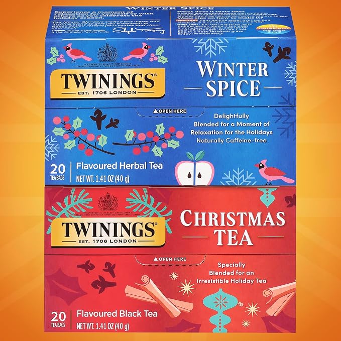 Twinings Holiday Sweet & Spicy Tea Variety 2-Pack – Caffeinated Tea and Caffeine-Free Winter Spice Herbal, Christmas Gift, 20 Tea Bags Ea