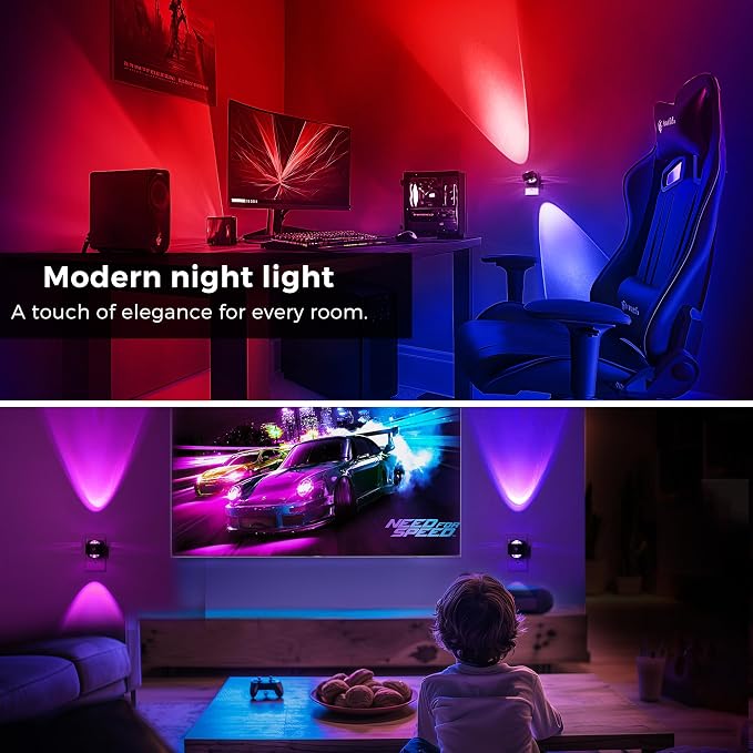 L LOHAS LED Night Light Projector, Color Changing Plug in Night Light RGB | Dusk to Dawn Sensor Night Lights, Rotating Nightlight, RGB Ambient Lighting for Bathroom, Gaming Room, Gifts,1 Pack