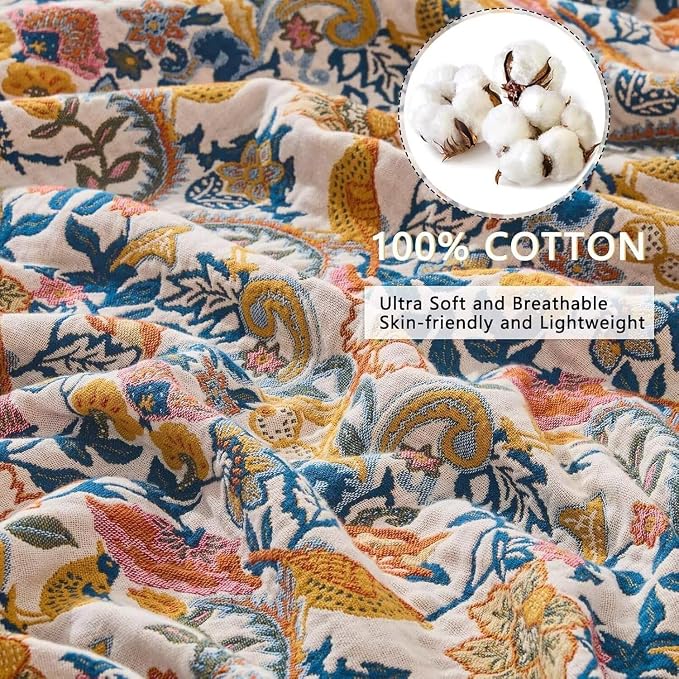 Boho Throw Blanket Farmhouse Decor Throw Blanket Bohemian Blanket for Bed 100% Cotton Muslin Woven Couch Blanket All Seasons Quilt Bedroom (A-Whiite, 90"x98")
