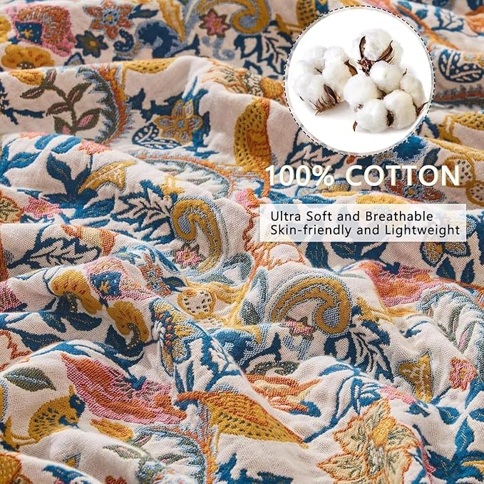 Boho Throw Blanket Farmhouse Decor Throw Blanket Bohemian Blanket for Bed 100% Cotton Muslin Woven Couch Blanket All Seasons Quilt Bedroom (A-Whiite, 80"x90")