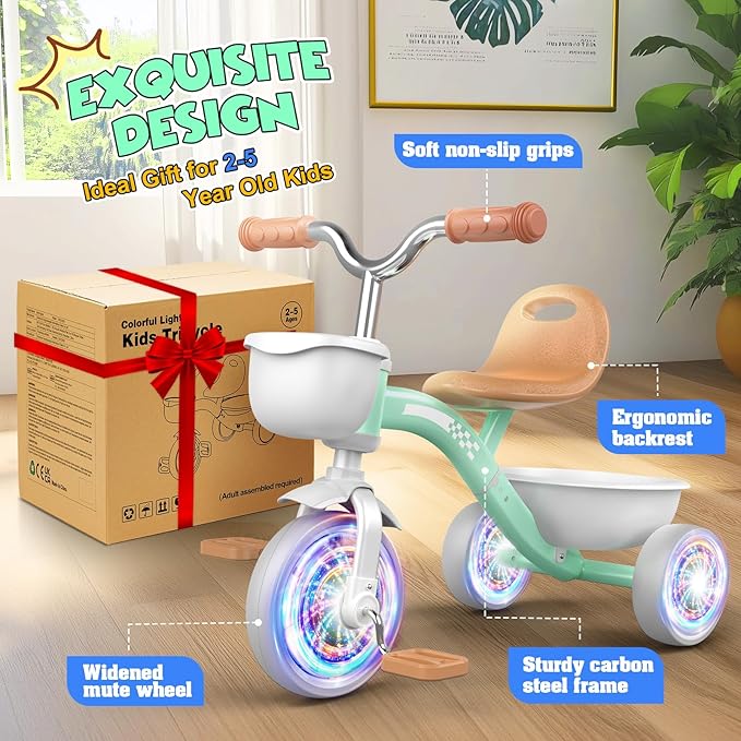 Toddler Tricycle for 1-3 3-5 Year Olds, 2 3 4 5 Year Old Boy Girl Birthday Gifts, Toddler Baby Bike, Outdoor Riding Toy for Ages 2-4, 4-Level Adjustable Seat, 3 Color Light Wheels, 2 Baskets