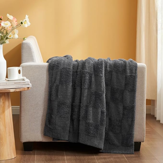 Snuggle Sac Faux Fur Throw Blanket for Couch, Knitted with Microfiber Fancy Yarn Blanket, Cozy Soft Warm Blankets for Sofa Bedroom Living Room,Solid Dark Grey,50x60 inches