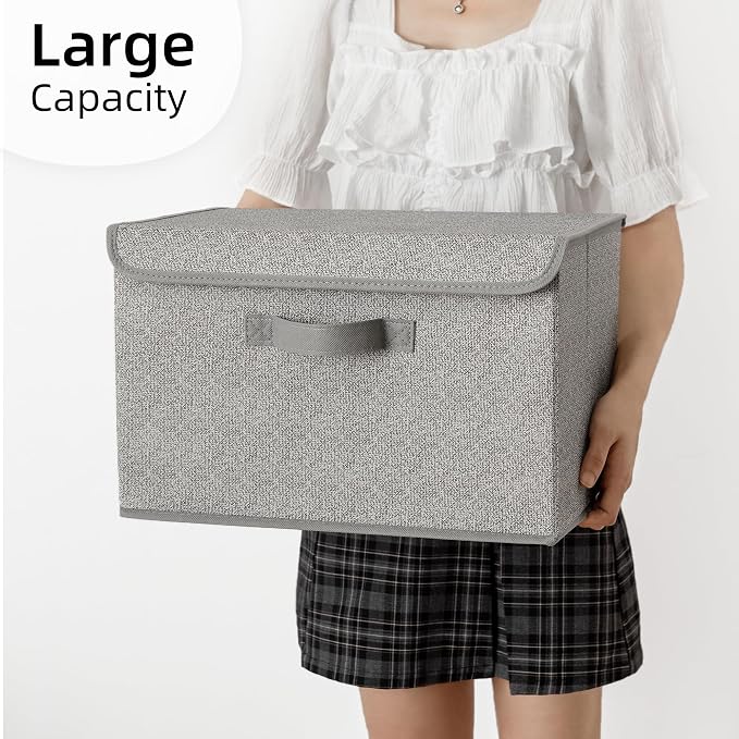 GRANNY SAYS Storage Baskets with Lids, Clothes Storage Boxes, Fabric Storage Bins, Keepsake Box, Closet Organizers and Storage, Gray, 2-Pack | Flip-Top Lid, Collapsible, Stackable, 3 Handles, Ideal for Closet Clothes Blanket Toys, Large, Gray, 2-Pack