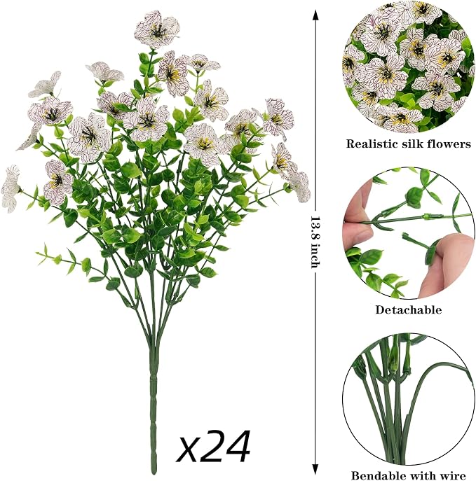 Ouddy Decor 24 Pcs Artificial Flowers for Outdoors Decorations, White | Lifelike silk flowers, UV resistant, faux plastic plants, for garden porch window table vase home indoor outdoor decor