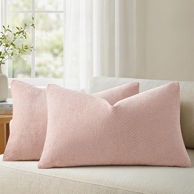 a moment Pack of 2 Decorative Chenille Throw Pillow Covers with Twill Cushion Covers for Sofa Living Room Couch Bed 20x12 Inch Light Pink
