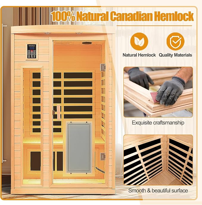 Ultra Low EMF 2 Person Infrared Sauna, 1750W 15A Far Infrared Saunas for Home, Canadian Hemlock Wood Sauna Indoor Sauna with Chromotherapy Light, Bluetooth Speaker, Door Heating Plate