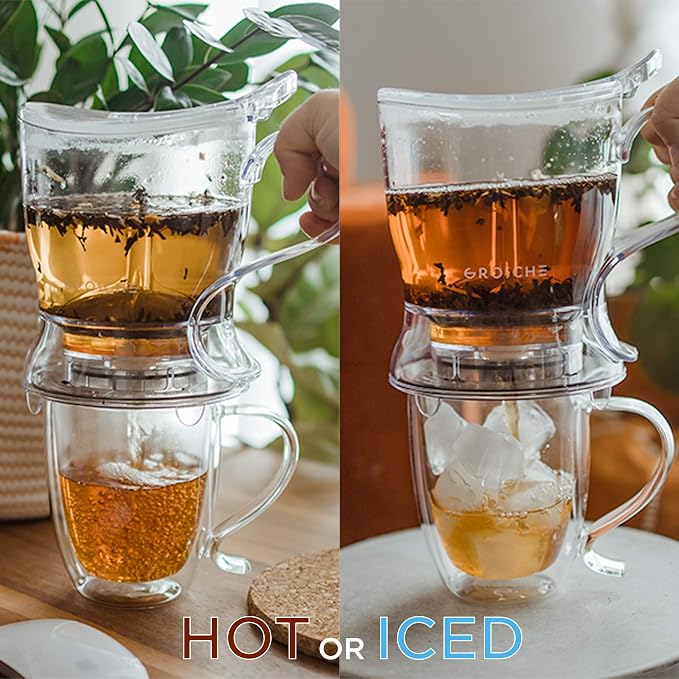 GROSCHE Aberdeen 34 oz tea pot and bottom dispensing tea steeper and Cyprus Large 16 oz double walled glass mug set