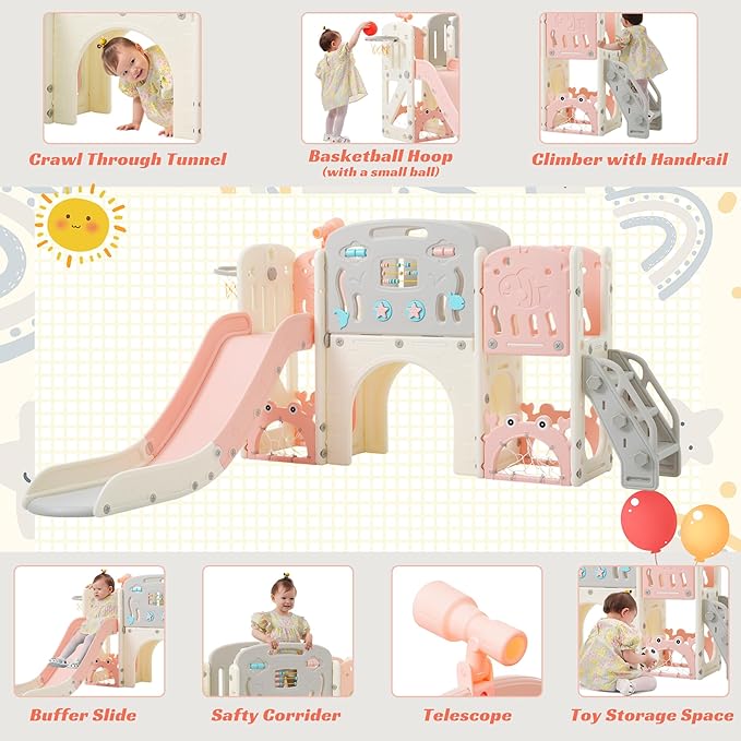 11in 1 Toddler Slide, Kid Slide for Toddlers Age 1-3 with Telescope, Basketball Hoop, and Telescope, Indoor Outdoor Playset Playground Pink Bei'ge