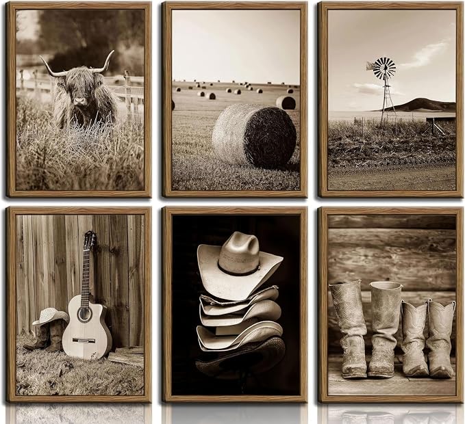 6Pcs Vintage Western Cowboy Wall Art, Highland Cattle Prints, 10" L x 8" W | Rustic Farmhouse Canvas Posters, Country Western Style Wall Decor for Bedroom and Kitchen, Framed