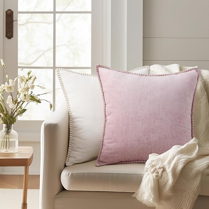 decorUhome Soft Chenille Throw Pillow Covers 26x26 Set of 2 Blush Pink | Fall Textured Decorative Throw Pillow Cases Stitched Edge Modern Farmhouse Luxury Boho Velvet for Couch Sofa Bed Home Decor