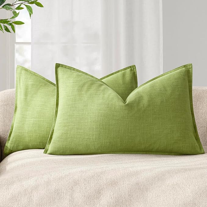 Foindtower Pack of 2, Decorative Linen Solid Throw Pillow Covers Soft Accent Lumbar Cushion Case Boho Farmhouse Pillowcase for Chair Couch Sofa Bedroom Living Room Home Decor 12 x 20 Inch Lush Green