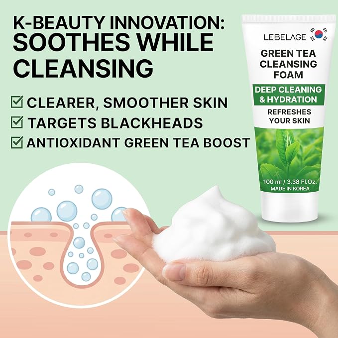 LEBELAGE Korean Green Tea Facial Cleanser 3.38 oz | Cleansing Foam Face Wash | Low pH Gentle Hydrating Daily Facial Cleanser Sensitive Skin | Deep Cleansing Foaming Cleanser, Pore Care-All Skin Types