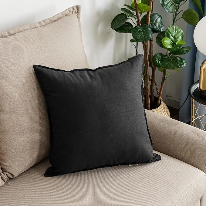 Jeanerlor 24" x 24" Natural Cotton Linen Soft Soild Decorative Square Throw Pillow Covers Green Set Cushion Case for Sofa Bedroom Car 60 x 60cm, Black