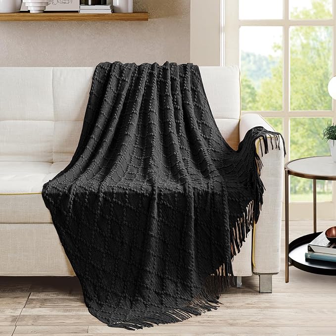 BOURINA Black Throw Blanket 50 x70 Inch Jacquard Throw Knitted Blanket | Jacquard Argyle Throw Textured Solid Soft Throws and Blankets for Sofa or Bed Knitted Decorative Blanket