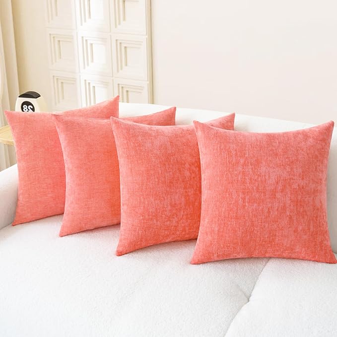 CaliTime Decorative Couch Throw Pillow Covers 18 X 18 Inches Living Coral | Pack of 4, Cozy Chenille Cushion Cases for Sofa Bed Living Room Farmhouse Home