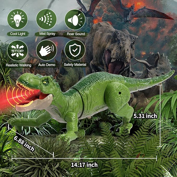 Sunrad Remote Control Dinosaur Toys for Kids 3-5 4-7 8-12 Year Old, Electronic RC Robot Dinosaur with Spray & Light & Roar, Realistic Walking T-Rex Toys Birthday Gifts for Boys Girls(Green)