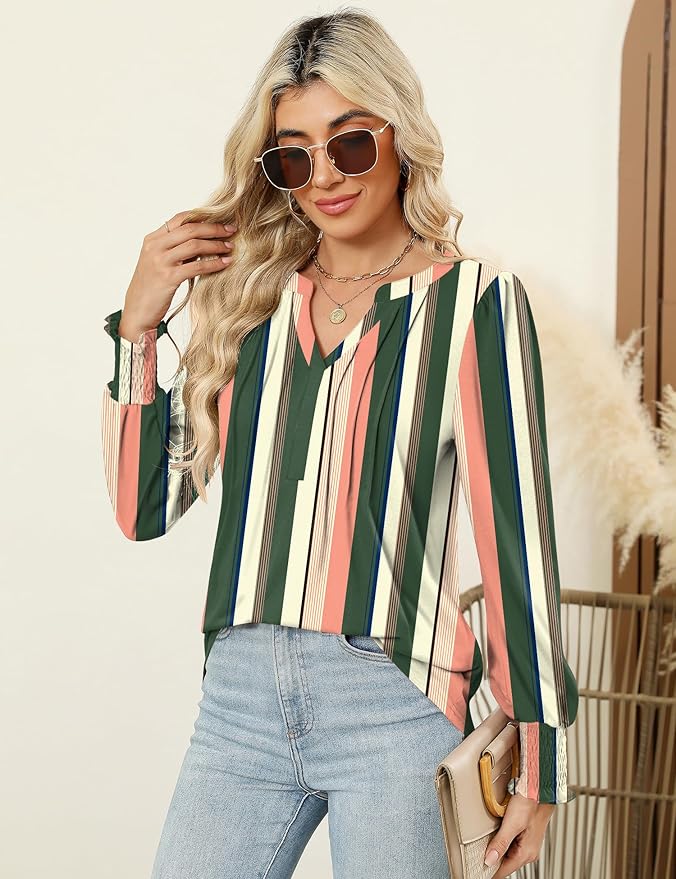 LOMON Womens Tops Dressy Casual Pleated Ruffle Long Sleeve Tunics Tops to Wear with Leggings V Neck Work Blouse
