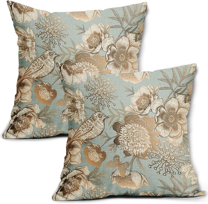Vintage Floral Pillow Covers 16X16 Inch Set of 2 Rose Gold Flowers Bird Butterfly Decorative Pillow Cases Blue Brown Cotton Linen Cushion Case Farmhouse Home Decor for Sofa Couch Living Room