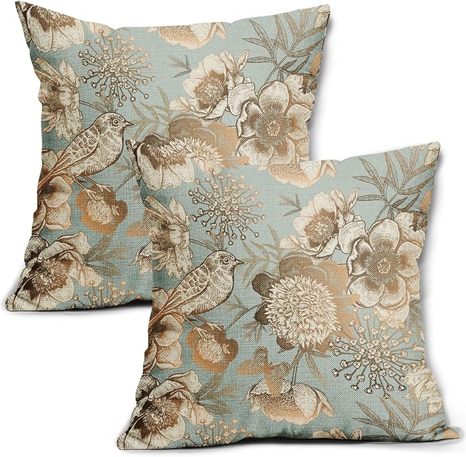 Vintage Floral Pillow Covers 22X22 Inch Set of 2 Rose Gold Flowers Bird Butterfly Decorative Pillow Cases Blue Brown Cotton Linen Cushion Case Farmhouse Home Decor for Sofa Couch Living Room
