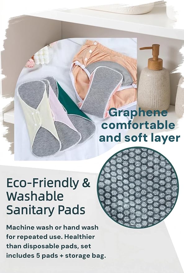 Reusable Incontinence Pads,Graphene Pads Sanitary Napkins,Washable Menstrual Pads,with 1 Storage Bag,Panty Liners Pads Period for Women/Postpartum/Incontinence Patients(Grey/XL/5pcs)