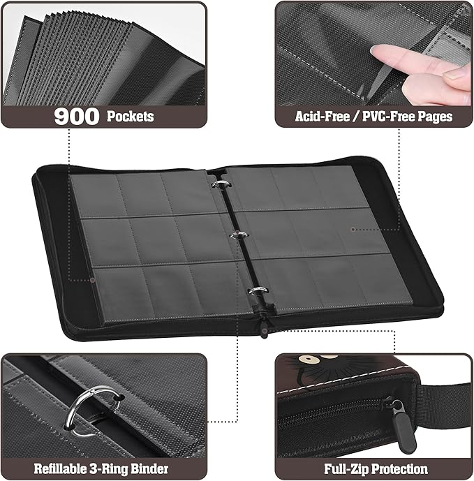 9-Pocket Trading Card Binder & Sports Card Book, 3-Ring Zipper Album Holds 900 Cards with 50 Removable Pages, Fits Standard 2.5" x 3.5" Game & TCG Cards, Water-Resistant PU Cover