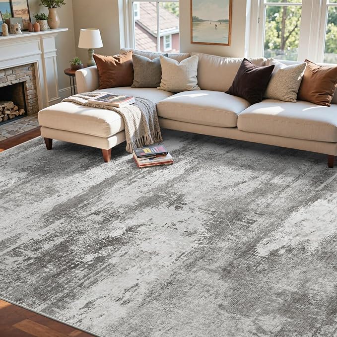 9x12 Ft Extra Large Washable Area Rugs for Living Room, Soft Non-Slip Modern Abstract Print Pattern Carpet for Bedroom Indoor Floor Nursery Home Decor (Grey)