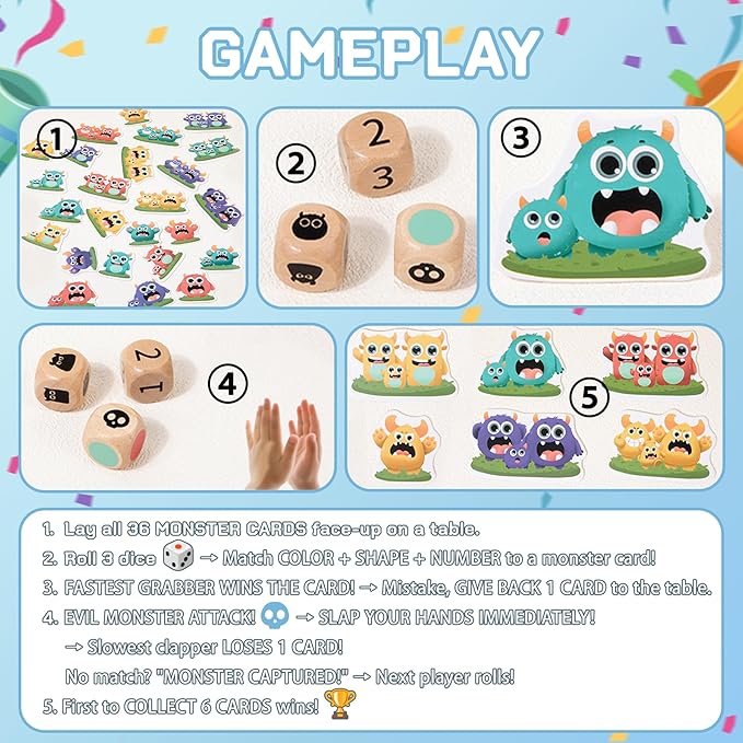 Fun Monster Hunt Kids Card Game for Ages 3+ Family Speed Matching Game with 36 Monster Cards & Dice Educational Party Favors for Hand-Eye Coordination