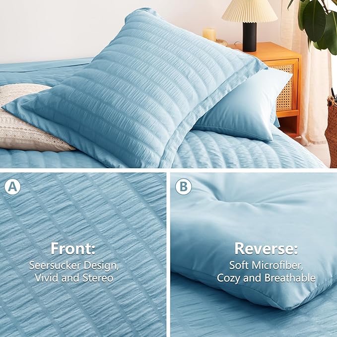 CozyLux King Size Comforter Set Sky Blue Seersucker 7 Pieces Bed in a Bag King Comforter Set with Sheets, Luxury Soft Bedding Sets with Down Alternative Comforter, Sheets, Pillowcases & Shams