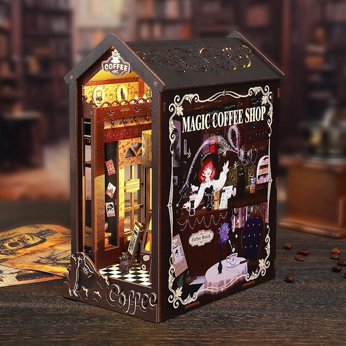 Foyucool DIY Book Nook Kit, Miniature Dollhouse Bookshelf Insert with Light, Laser-Cut Wooden Craft Set for Adults, Perfect for Teens and Adults, Coffee Shop