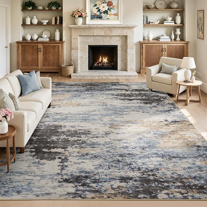 8x10 Area Rug for Living Room, Abstract Washable Large Rugs, Grey/ Blue | Neutral Carpet for Bedroom, Dining Room, Home Office Nursery, Indoor, Stain Resistant, Non-Slip, Low Pile, Modern Rug